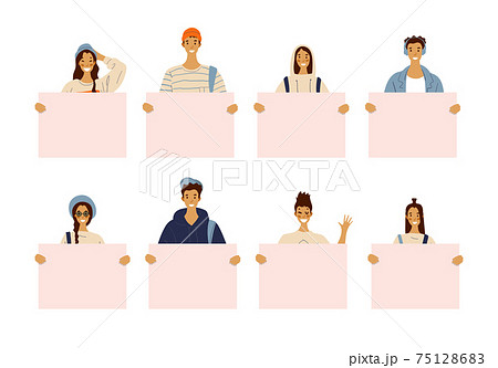 Cartoon characters of young women and men holding blank placards. Girls and guys with banners with place for text. Young activists, school sale. Vector illustration. 75128683