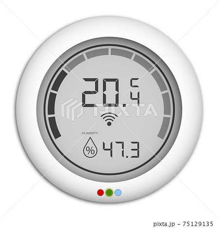 Wall mounted digital controller with hygrometer, regulator for remote control of climate in house. Part of smart home system. Comfortable room temperature. Realistic vector Wall mounted digital controller with hygrometer, regulator for remote control of climate in house. Part of smart home system. Comfortable room temperature. Realistic vector 75129135