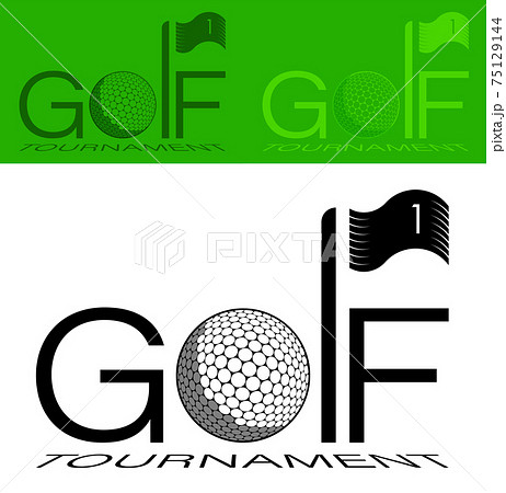 Tournament emblem. Sports golf ball and flag on background of inscription GOLF TOURNAMENT. Vector Tournament emblem. Sports golf ball and flag on background of inscription GOLF TOURNAMENT. Vector 75129144