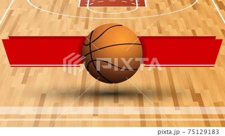 template for tournament with basketball ball on background of sports field with ribbons for announcement of names of teams. Vector 75129183