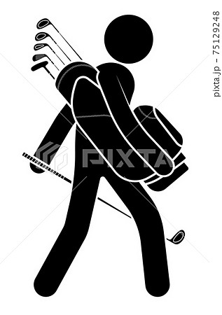 stick figure, golfer walks with large gym bag with golf clubs. Sport competitions, active lifestyle. Vector stick figure, golfer walks with large gym bag with golf clubs. Sport competitions, active lifestyle. Vector 75129248