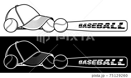 sports wooden baseball bat, balls and baseball cap on white background. Sport design element, web banner for competitions. Vector 75129260