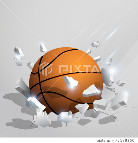 sport orange ball for basketball crashed into the ground at high speed and breaks into shards, cracks after perfect hit. Inflicting heavy damage. Vector 75129350