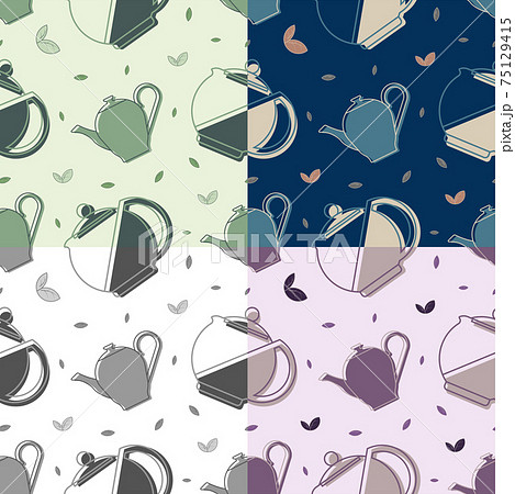set of seamless patterns with teapot for tea drinking and small tea leaves. Breakfast utensils. Design element. Vector set of seamless patterns with teapot for tea drinking and small tea leaves. Breakfast utensils. Design element. Vector 75129415