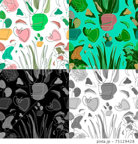 Set of seamless patterns with flowers in indoor pots. Floral print for printing ornament on textiles and fabrics. Flowers in pot. Exotic plants Succulents, plants of Mexican desert. Vector 75129428