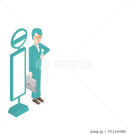 バス停でバスを待つ会社員のアイソメのイラスト素材