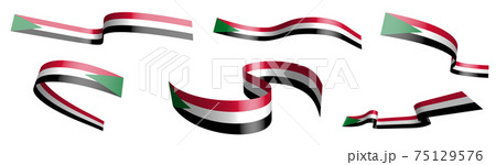Set of holiday ribbons. Flag of republic of Sudan waving in wind. Separation into lower and upper layers. Design element. Vector on white background