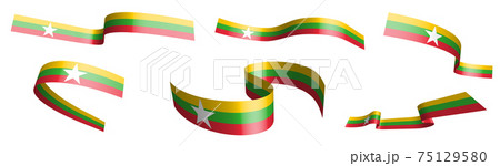Set of holiday ribbons. Flag of republic of myanmar waving in wind. Separation into lower and upper layers. Design element. Vector on white background 75129580