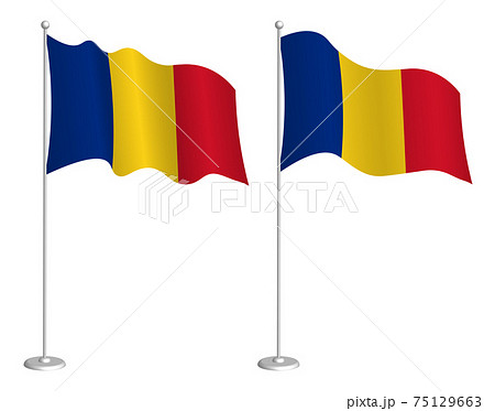 Romania flag on flagpole waving in the wind. Holiday design element. Checkpoint for map symbols. Isolated vector on white background 75129663