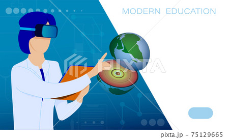 Research Institute. Student, scientist in virtual reality glasses looks at planet in cut. High technologies in modern education. Virtual reality in teaching university students. Vector 75129665