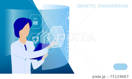 Research Institute. Student, medical scientist in white coat examines DNA spiral behind touch screen. Molecular engineer page. Laboratory scientist is conducting research experiment. Vector Research Institute. Student, medical scientist in white coat examines DNA spiral behind touch screen. Molecular engineer page. Laboratory scientist is conducting research experiment. Vector 75129667