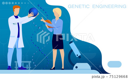 Research Institute. Medical scientists in white coat examines DNA spiral. Molecular engineer vector page. Laboratory scientist is conducting research experiment. Vector 75129668