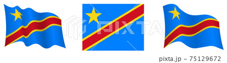 Republic of Congo flag in static position and in motion, fluttering in wind in exact colors and sizes, on white background