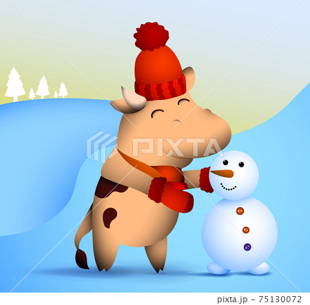 happy little bull, ox in winter clothes makes snowman out of snow. Symbol of 2021 of Chinese calendar with satisfied smile on face. Funny animals. Vector 75130072