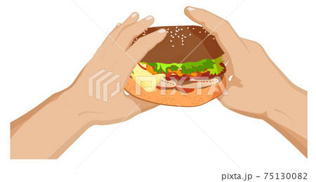 hamburger with bacon, cheese and lettuce on bun in hands of man. Fast food. Cartoon vector on white background hamburger with bacon, cheese and lettuce on bun in hands of man. Fast food. Cartoon vector on white background 75130082