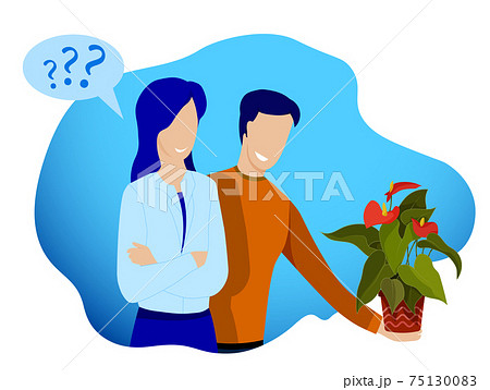 guy gives young girl, friend pot with indoor flower. Friendship between man and woman, family relationships. Gifts for no reason. Vector 75130083
