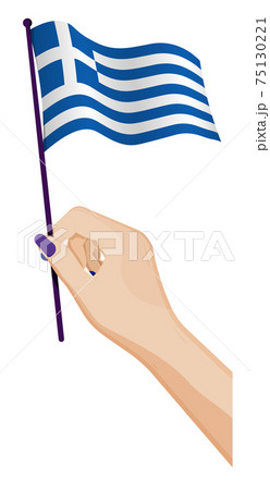 Female hand gently holds small Greece flag. Holiday design element. Cartoon vector on white background