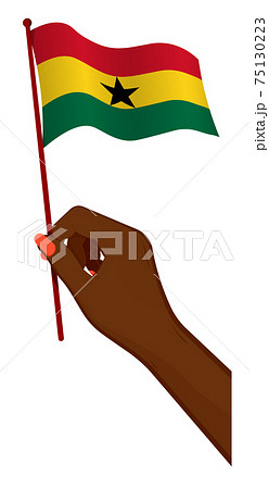 Female hand gently holds small Ghana flag. Holiday design element. Cartoon vector on white background