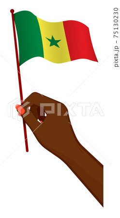 Female hand gently holds small flag of republic of Senegal. Holiday design element. Cartoon vector on white background