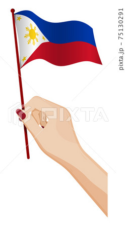 Female hand gently holds small Flag of Republic of Philippines. Holiday design element. Cartoon vector on white background