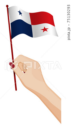 Female hand gently holds small flag of republic of Panama. Holiday design element. Cartoon vector on white background