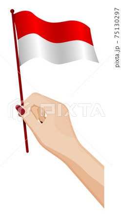 Female hand gently holds small flag of Republic of Indonesia. Holiday design element. Cartoon vector on white background