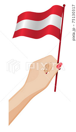 Female hand gently holds small austria flag. Holiday design element. Cartoon vector on white background