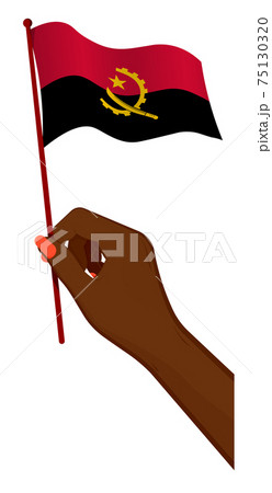 Female hand gently holds small Angola flag. Holiday design element. Cartoon vector on white background