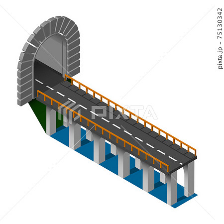 entrance to automobile tunnel with section of bridge. Automobile bridge with arched tunnel in mountains. Vector entrance to automobile tunnel with section of bridge. Automobile bridge with arched tunnel in mountains. Vector 75130342