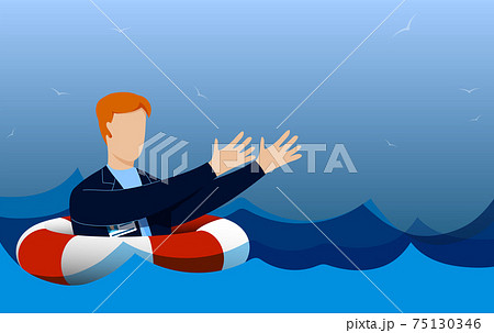 drowning man on life ring on high seas stretches his hands, asks for help. Crisis, difficult life situation. Need for support and help. Vector 75130346