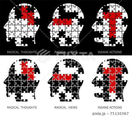 Concept. Human head made of puzzle pieces. Radical views, radical thoughts, terrible deeds. No terrorism. Vector Concept. Human head made of puzzle pieces. Radical views, radical thoughts, terrible deeds. No terrorism. Vector 75130367