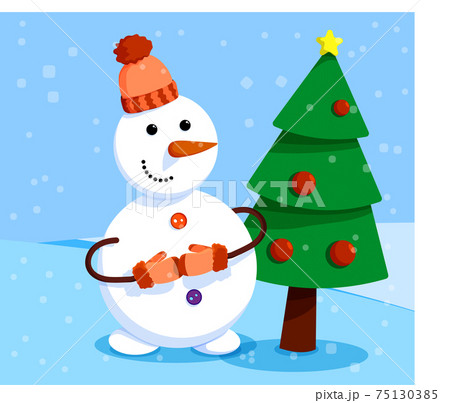 cheerful snowman stands in front of elegant New Year tree. Winter landscape and snowman. Meeting of Christmas and New Year. Winter fun. Cartoon vector 75130385