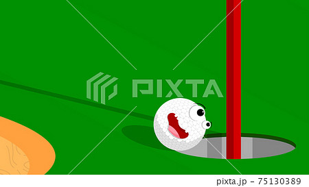 cheerful funny sports golf ball rolling in hole on green field. Golf hole on course marked with flag. Active lifestyle. Cartoon vector 75130389