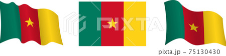 Cameroon flag in static position and in motion, fluttering in wind in exact colors and sizes, on white background