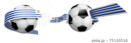 balls for soccer, classic football in ribbons with colors Flag of Uruguay. Design element for football competitions. Isolated vector on white background 75130516