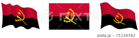 Angola flag in static position and in motion, fluttering in wind in exact colors and sizes, on white background