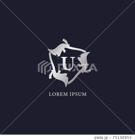 Letter U Alphabet logo design template. Initial Abjad Company Logo. Silver Metallic Luxury Decorative Floral Vector Design Concept. Suitable for Beauty and fashion product. Isolated on navy blue 75130953