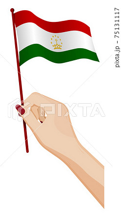 Female hand gently holds small flag of Tajikistan. Holiday design element. Cartoon vector on white background