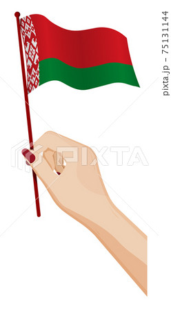 Female hand gently holds small flag of republic of Belarus. Holiday design element. Cartoon vector on white background