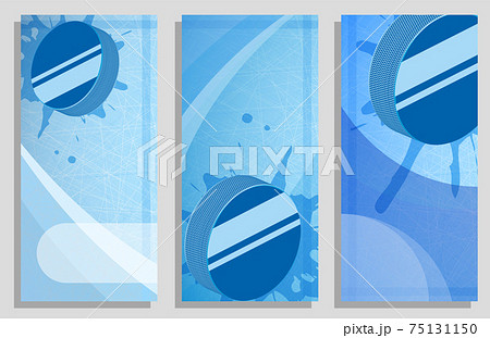 ice hockey puck hit the wall with splashes. Set of vertical flyers on ice rink background. Templates for sport invitation, banners, brochures. Sport equipment. Vector ice hockey puck hit the wall with splashes. Set of vertical flyers on ice rink background. Templates for sport invitation, banners, brochures. Sport equipment. Vector 75131150