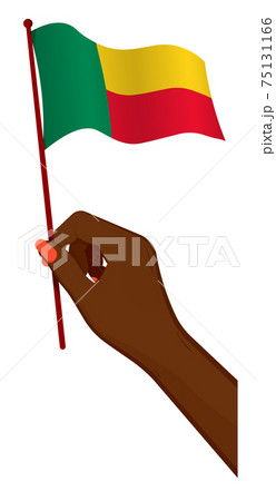 Female hand gently holds small Republic of Benin flag. Holiday design element. Cartoon vector on white background
