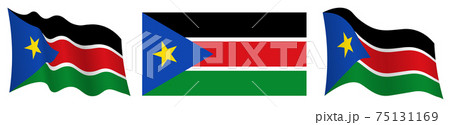 South Sudan flag in static position and in motion, fluttering in wind in exact colors and sizes, on white background