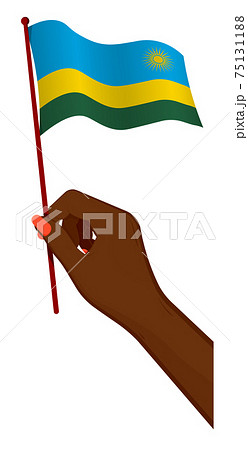 Female hand gently holds small flag of republic of Rwanda. Holiday design element. Cartoon vector on white background