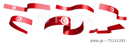 Set of holiday ribbons. Republic of Tunisia flag waving in wind. Separation into lower and upper layers. Design element. Vector on white background