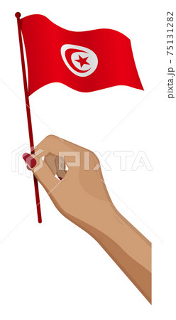 Female hand gently holds small Republic of Tunisia flag. Holiday design element. Cartoon vector on white background