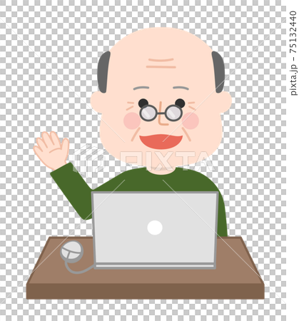 Illustration of a senior man waving his hand using a computer Illustration of a senior man waving his hand using a computer 75132440