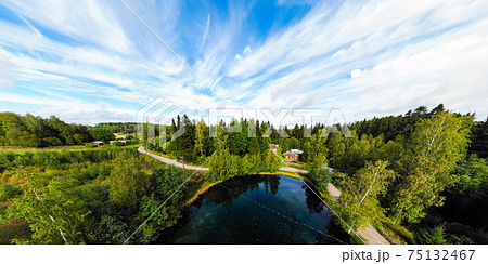 Panoramic aerial view of mystically turquoise coloured spring Kiikunlahde in Hollola, Finland 75132467