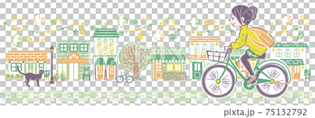 A woman riding a bicycle in a busy cityscape A woman riding a bicycle in a busy cityscape 75132792