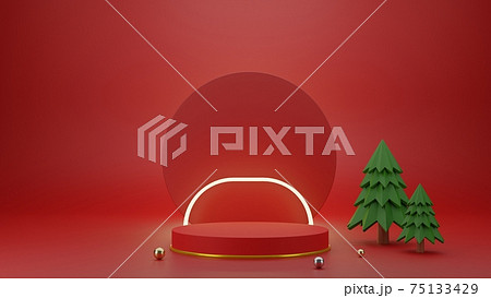 Round pedestal showcase display with circle stand and glowing frame, 3D render illustration 75133429