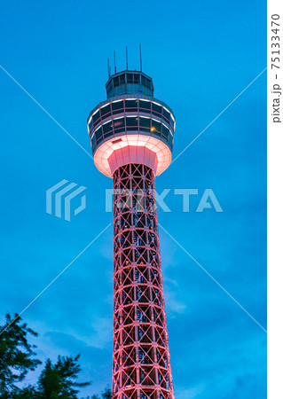 横浜　横浜マリンタワー　山下公園　ランドマークタワー　東京湾　遊園地　空　夜　海　風景　デート 75133470